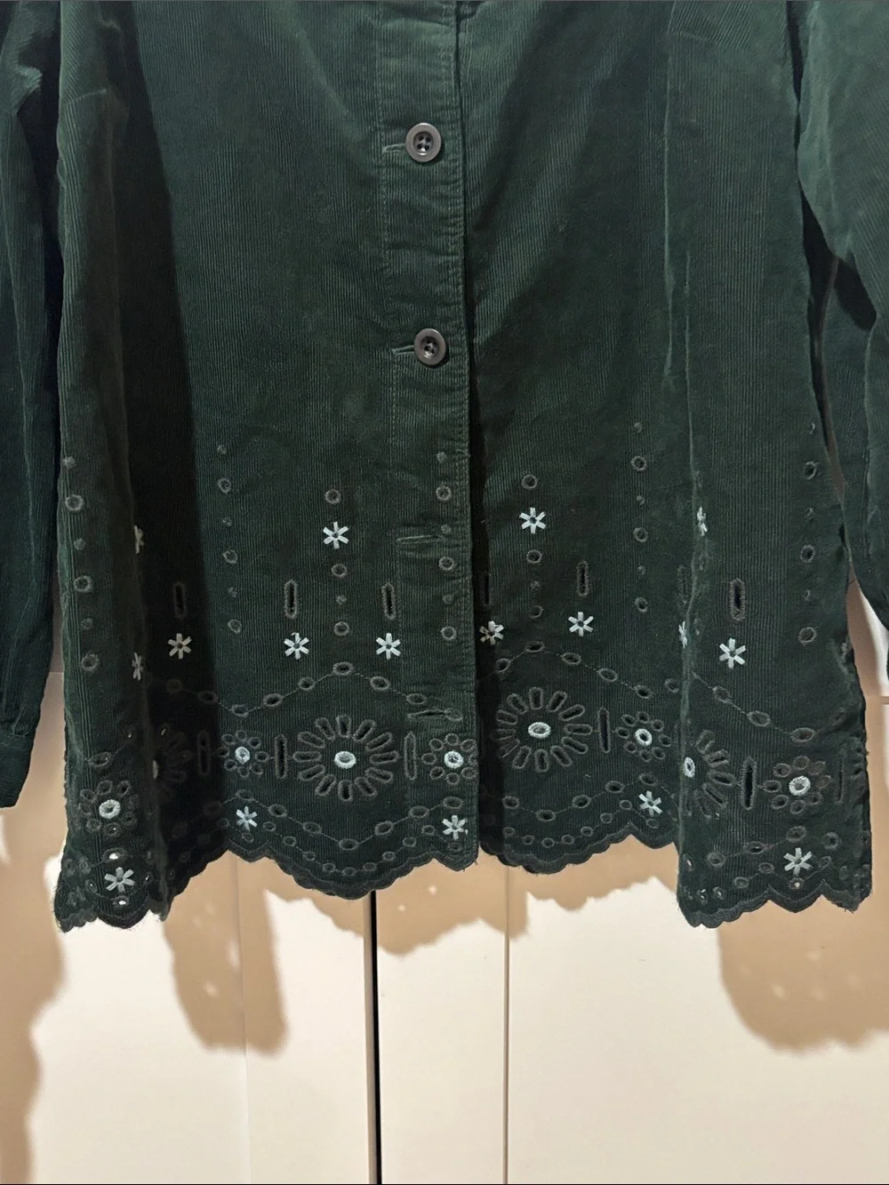 Madewell Embroidered Eyelet Corduroy Tie-Sleeve Top Blouse Dark Palm